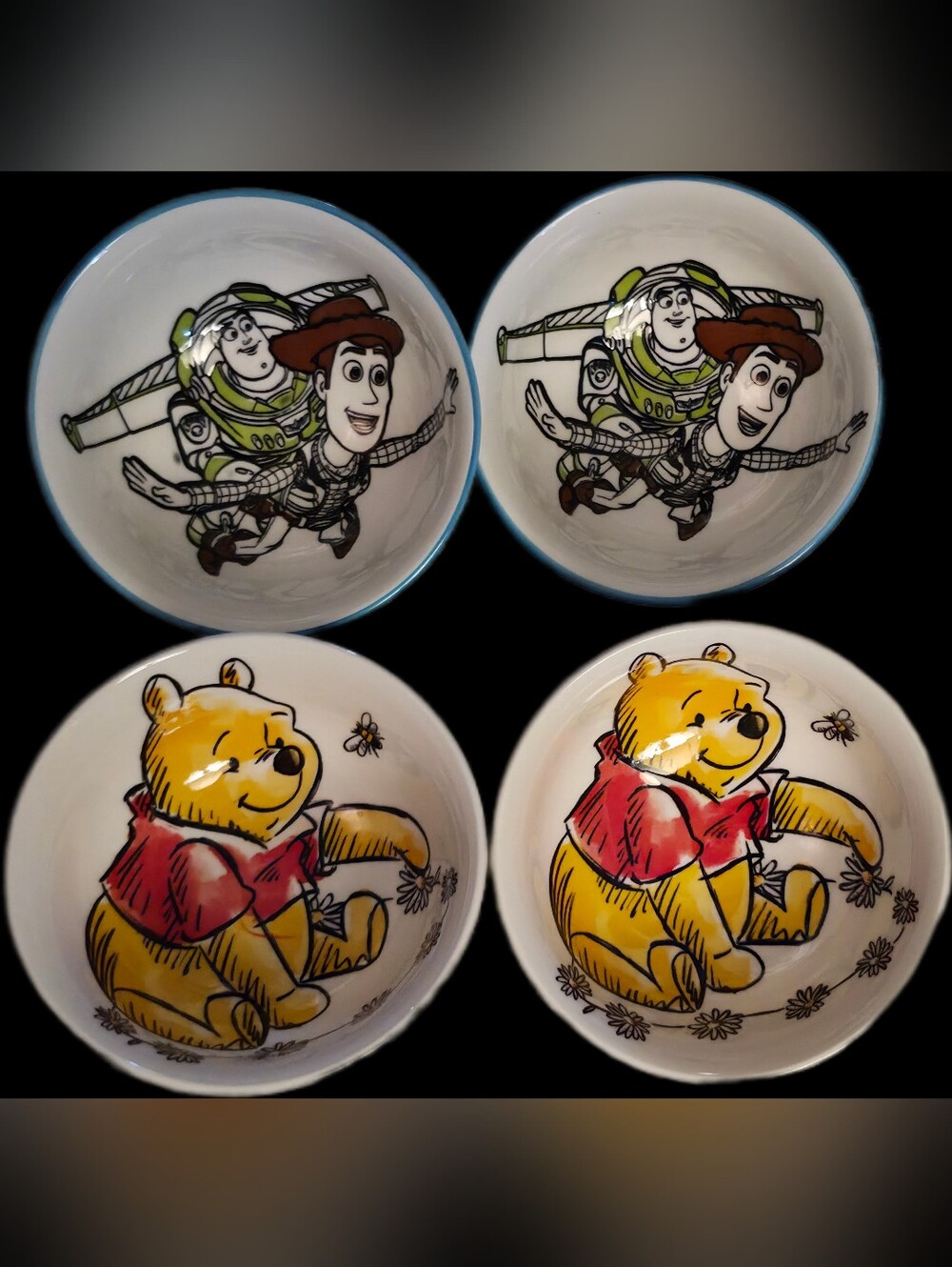Toy Story & Winnie the Pooh Kids Character Bowls - Set of 4 (Blue, Yellow, Red)